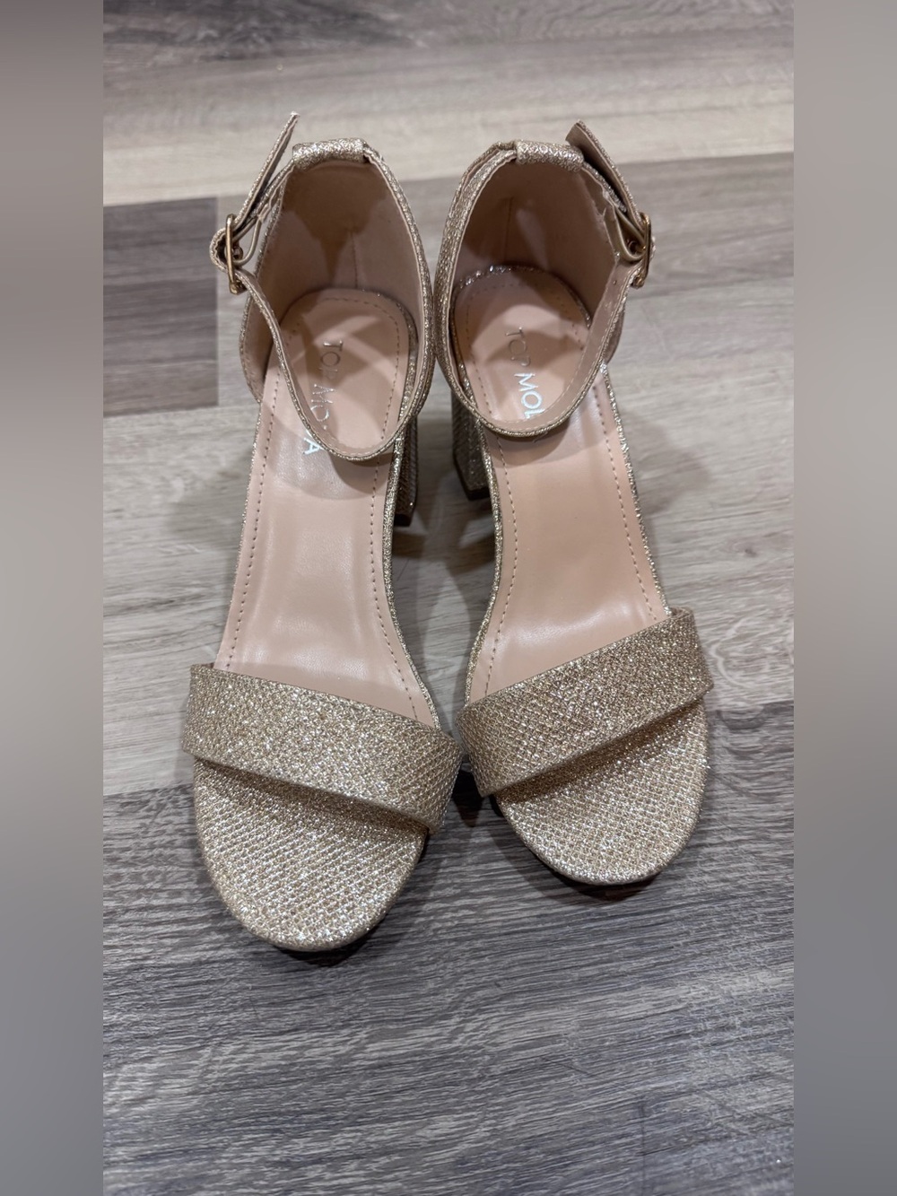 Metallic Gold Block Heel Sandals with Ankle Strap